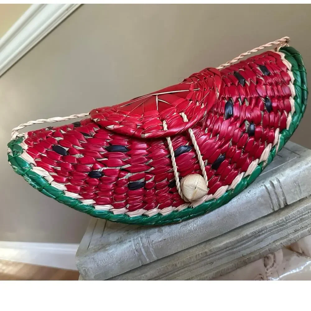 Straw Purse Watermelon Shoulder Crossbody Red fun handmade summer unique woven